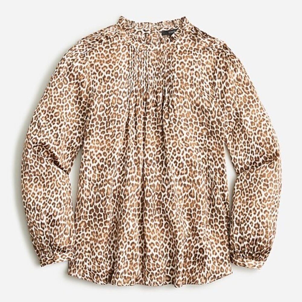 J Crew Leopard Top Womens Large Long Sleeve Ruffle Neck Relaxed Brown Blouse - Picture 3 of 7